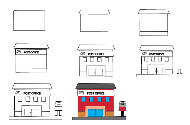 how to draw a post office step by step