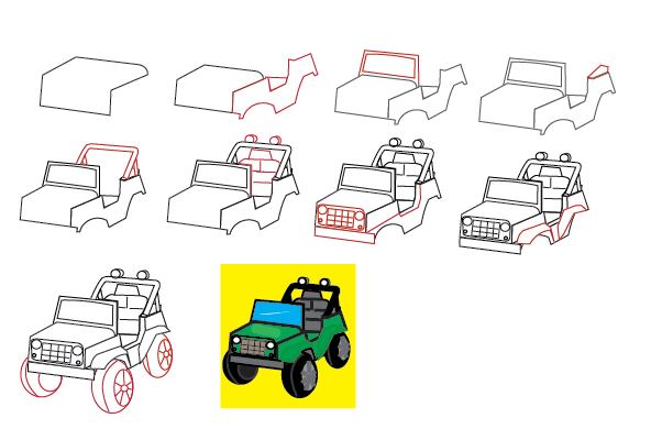 how to draw a jeep step by step