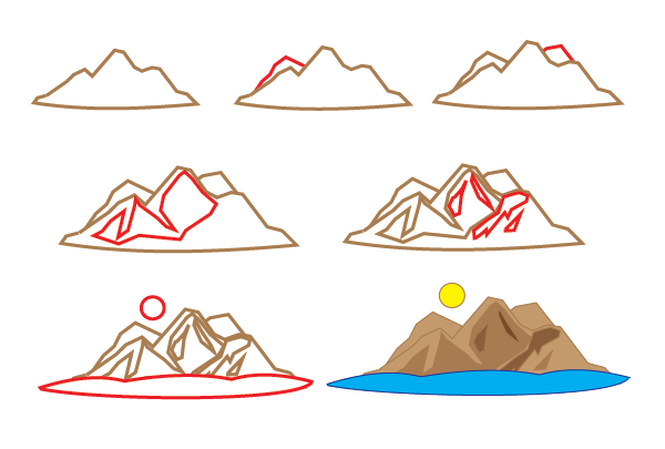 how to draw a mountain step by step