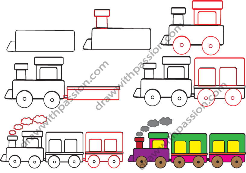 How to draw a train step by step