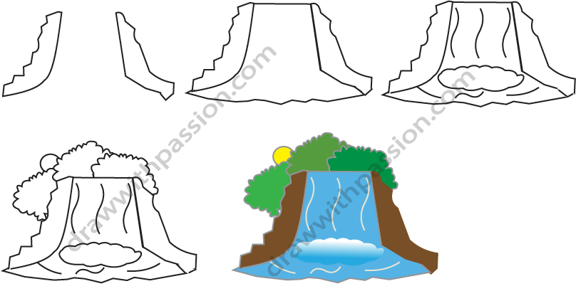 How to draw a waterfall step by step