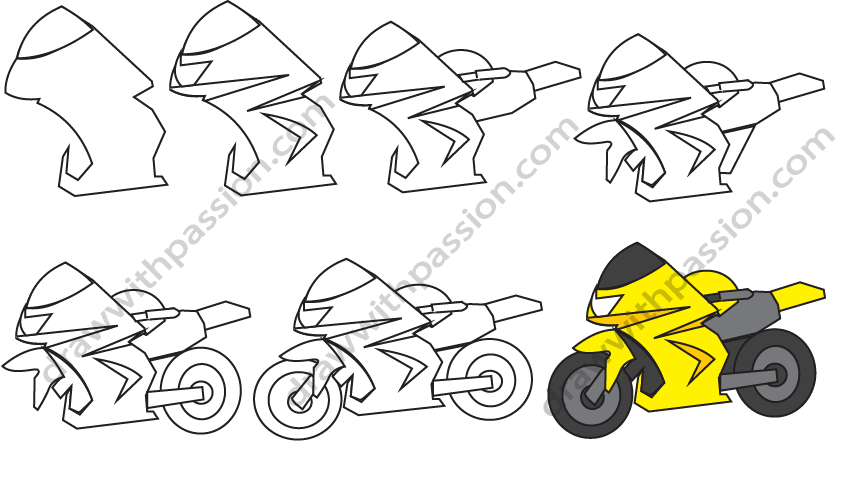 How to draw a motorbike step by step