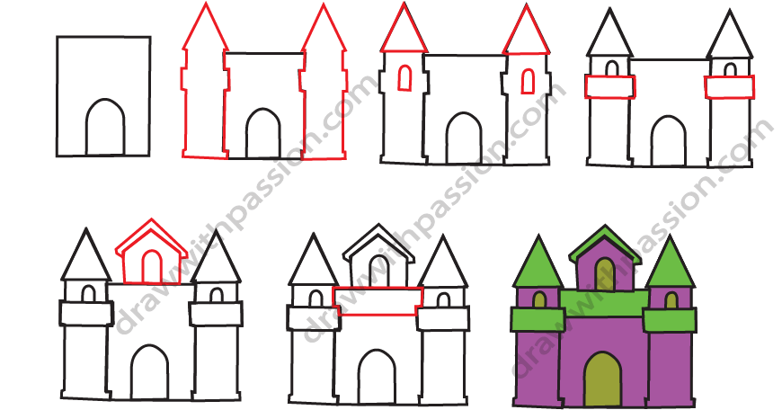 How to draw a castle step by step