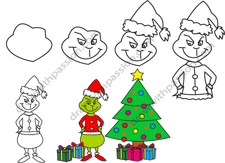 How to draw the Grinch step by step