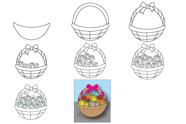 how to draw a flower basket step by step