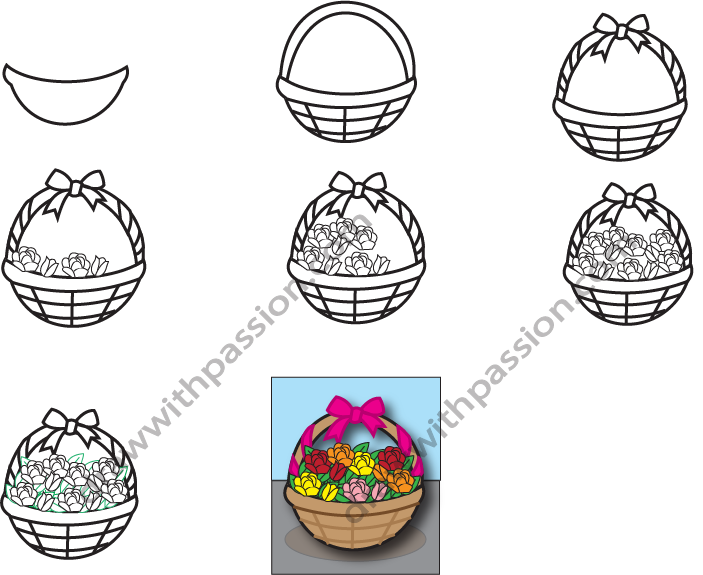 How to draw a flower basket step by step